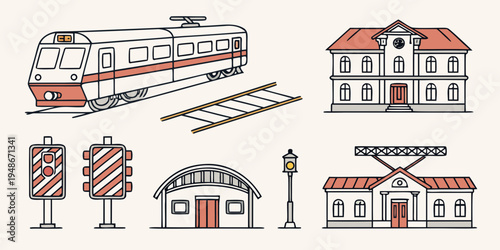 a collection of transportation and building icons Vector