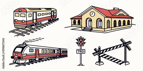 a train and a train station with railroad crossing Vector