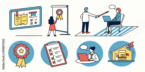 a set of business icons including a boardroom meeting and a house Vector