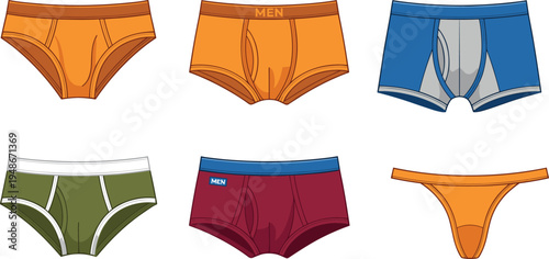 Men underwear set with briefs boxer shorts and thong, male lingerie clothing collection, comfortable men underpants fashion vector illustration