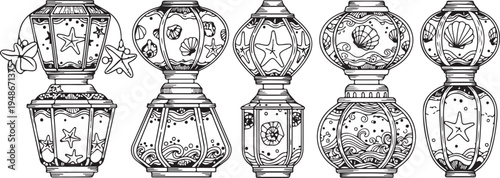 Intricate designs on ornate vases and lanterns showcasing detailed artwork. Vector
