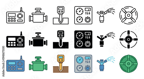 Comprehensive set of irrigation and smart farming technology icons, including remote controls, valves, soil moisture meters, control panels, and various sprinkler types, in multiple styles.