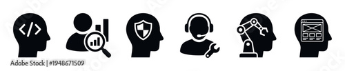 Set of human head silhouettes featuring diverse professional and technological concepts like coding, data analysis, security, support, robotics, and UI/UX design.