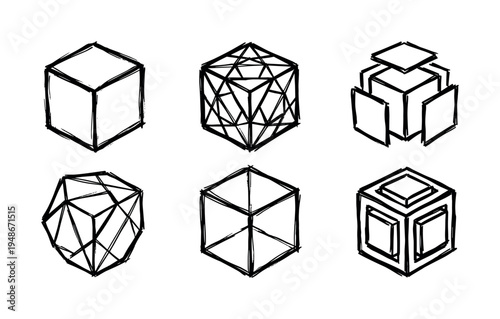 Collection of hand-drawn geometric cube shapes with various abstract internal structures and arrangements.