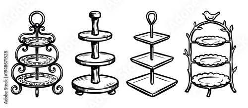 Hand-drawn illustration of various elegant tiered serving stands for desserts and pastries, perfect for celebrations.