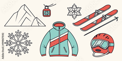 a collection of skiing and snowboarding gear and symbols Vector