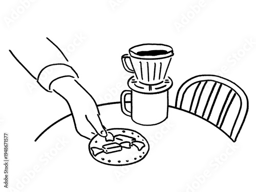 コーヒーとお菓子をつまむ手元の線画イラスト