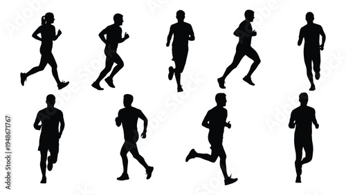 Collection of diverse black silhouettes of male runners in various poses and running styles on white background for fitness and sports illustrations