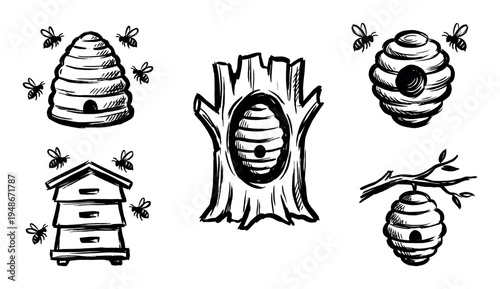 Collection of hand-drawn style black and white icons depicting various types of beehives and flying bees, illustrating apiculture and honey production.