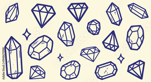 Hand drawn doodle set of various crystals and gemstones