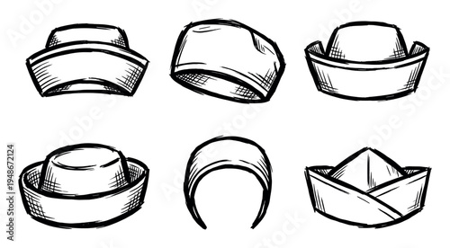 Collection of six hand-drawn sailor hats and caps, each depicted with a classic sketch art style.