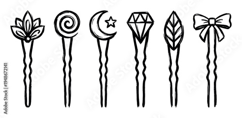 Collection of six decorative hairpins with various elegant designs, including floral, spiral, crescent moon, diamond, leaf, and bow motifs.