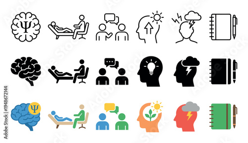 Collection of mental health and psychology icons depicting therapy, well-being, stress, and personal growth in various styles.