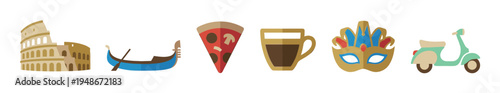 Collection of colorful flat design icons representing various aspects of Italian culture and travel.