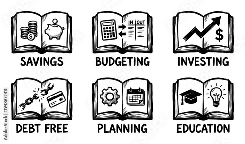 Open books with hand-drawn icons illustrating key financial and educational concepts like savings, budgeting, and investing.