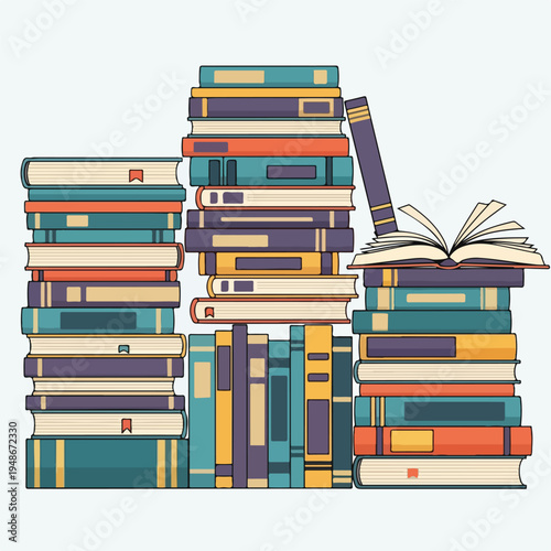 Illustration of a collection of colorful books, stacked and an open book on top
