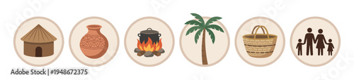 Set of traditional and tribal lifestyle icons featuring a hut, pottery, campfire, palm tree, woven basket, and family.