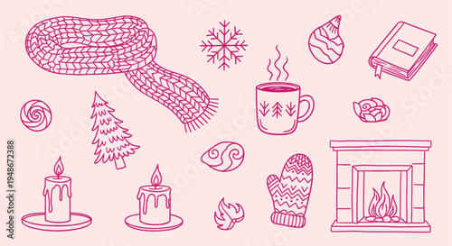 Cozy winter hand drawn doodle set with festive elements