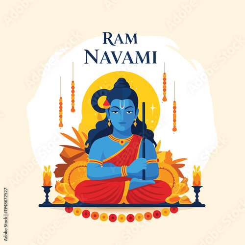 Illustration of a blue god figure in meditation posture with decorations