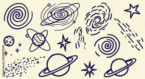 Hand drawn space elements set with planets galaxies stars and comets