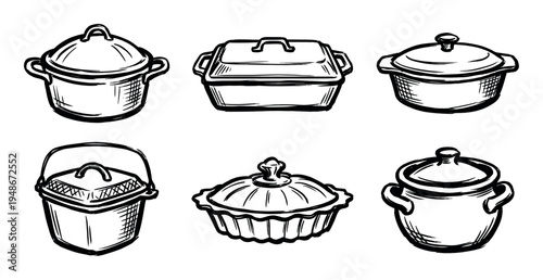 Various kitchen cookware items, including pots, casserole dishes, and baking pans, depicted in a charming hand-drawn sketch style for culinary themes.