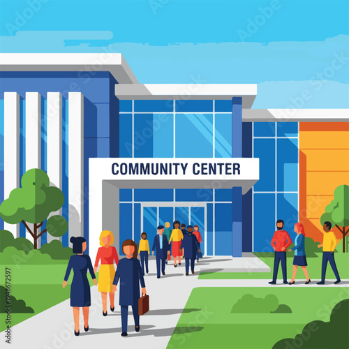 Illustration of a community center with people entering and exiting