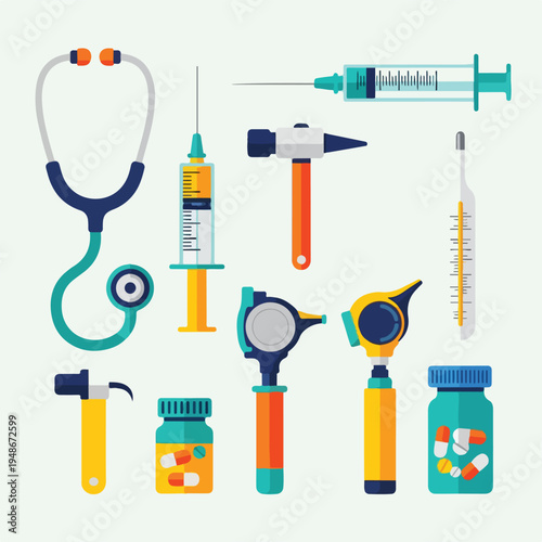 Flat vector illustration of various medical tools and pharmaceutical items