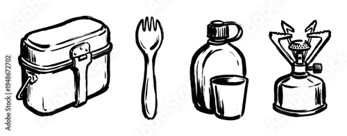 Collection of hand-drawn black and white illustrations showcases essential camping and outdoor cooking gear, including a mess kit, fork, canteen, and portable stove.