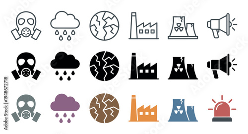 Collection of environmental and disaster warning icons depicting climate change, pollution, and global threats in various styles.