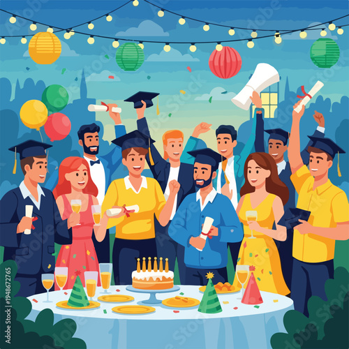 Group of graduates celebrating a milestone with drinks, cake, and confetti