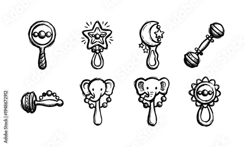 Collection of hand-drawn baby rattles in various shapes, including stars, moons, and elephants, perfect for infant play and development.