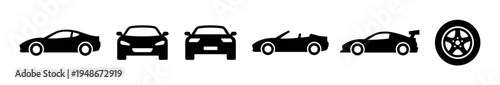 Set of black silhouette car icons and a tire, depicting various vehicle types from different perspectives.