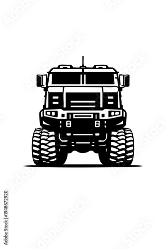 Front view of a heavy transport truck with symmetrical composition, tall cab