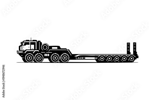 Minimal icon-style silhouette of a heavy transport truck with long trailer