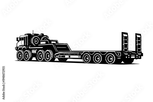 Rear three-quarter view of a heavy haul truck showing extended trailer structure