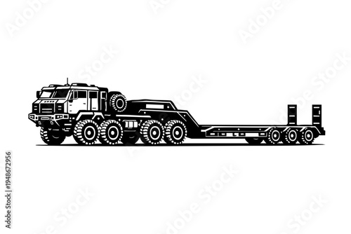 Side profile view of a heavy transport truck with a long lowboy trailer