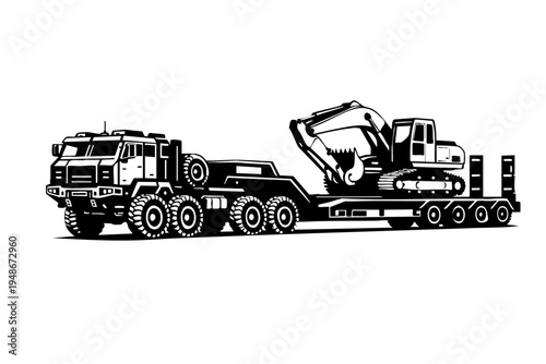 Solid black and white vector illustration of a heavy haul truck transporting construction
