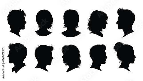 A collection of diverse human silhouettes in profile view, showcasing various hair styles and head shapes