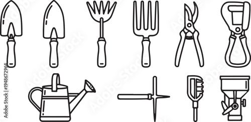 A variety of gardening tools and equipment illustrated in a simple line drawing style Vector