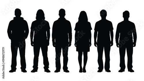 A group of six black silhouettes of people standing in a line, showcasing diversity and unity in a minimalist and modern style, highlighting the beauty of simplicity and the power of human connection