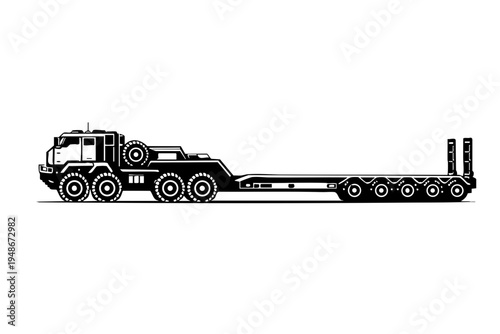 Side profile of a heavy transport truck with an empty lowboy trailer