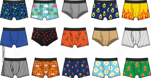 Men boxer underwear collection with colorful patterns, male underpants with animals hearts stripes tropical and food prints, fashion clothing vector set