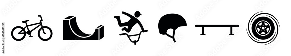Obraz premium BMX biking icons depict various elements of the extreme sport, including a bicycle, ramp, rider, helmet, rail, and wheel, representing action and safety.