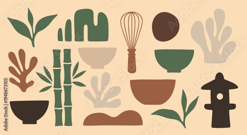 Matcha Tea Ceremony Elements Set with Bowls and Bamboo