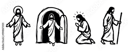 Hand-drawn illustrations depicting Jesus Christ standing, emerging from the tomb, kneeling in prayer, and walking with a staff.