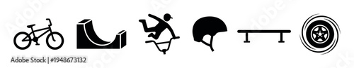 BMX biking icons depict various elements of the extreme sport, including a bicycle, ramp, rider, helmet, rail, and wheel, representing action and safety.