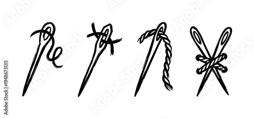 Hand-drawn illustrations of sewing needles with thread demonstrate various ways to loop and tie the thread, representing craftsmanship and textile work.