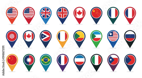 World Map Location Pins with National Flags - Global Travel and Business