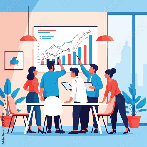 Group of people in a meeting room with graph on a white board