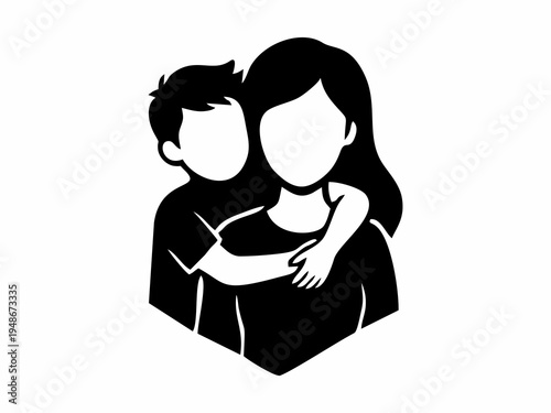 Mother hugging her son from behind silhouette of family love